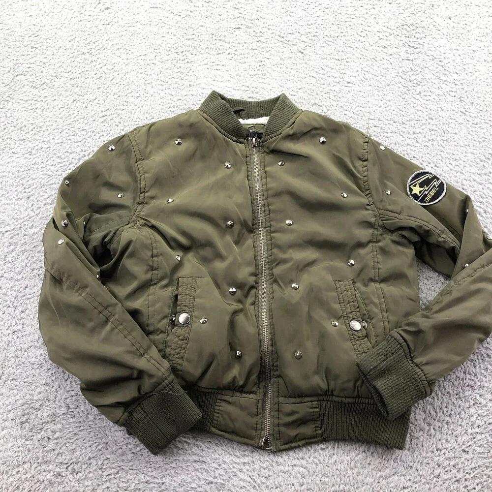 Diesel Jacket Youth Medium 10/12 Green Bomber Studded Zip Lined Winter